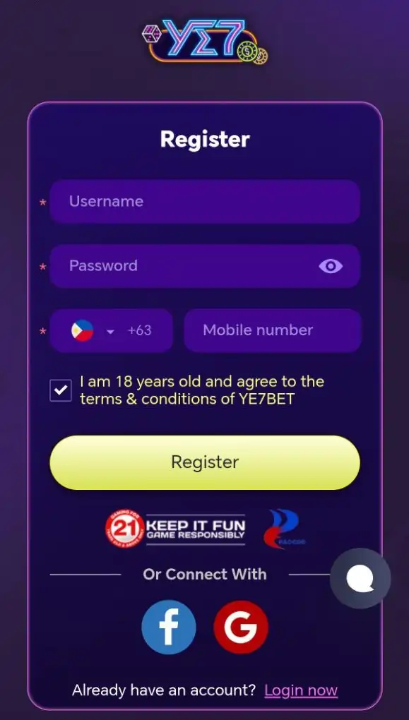 Ye7 app Register interface